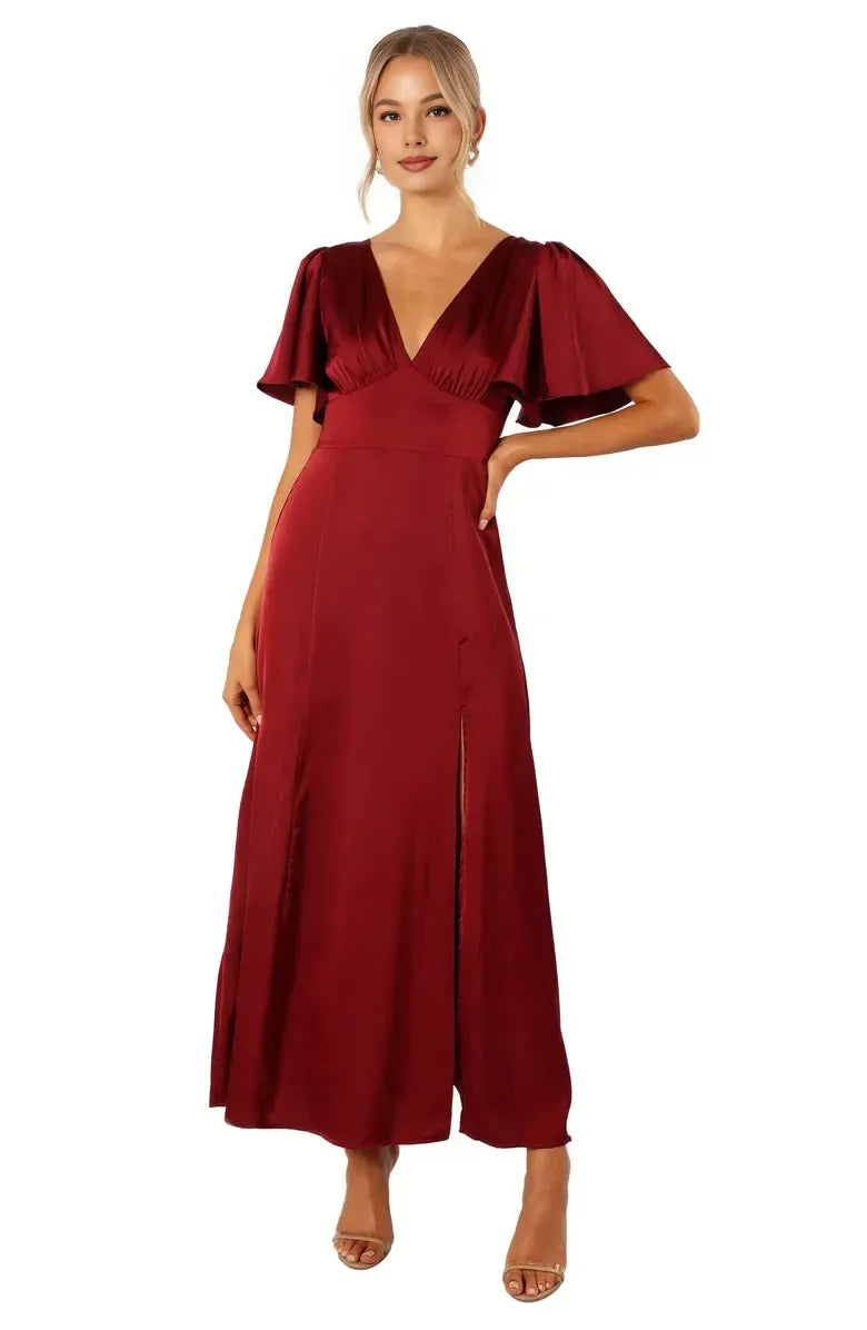 A-Line V Neck Flutter Sleeve Floor-Length Prom Dress