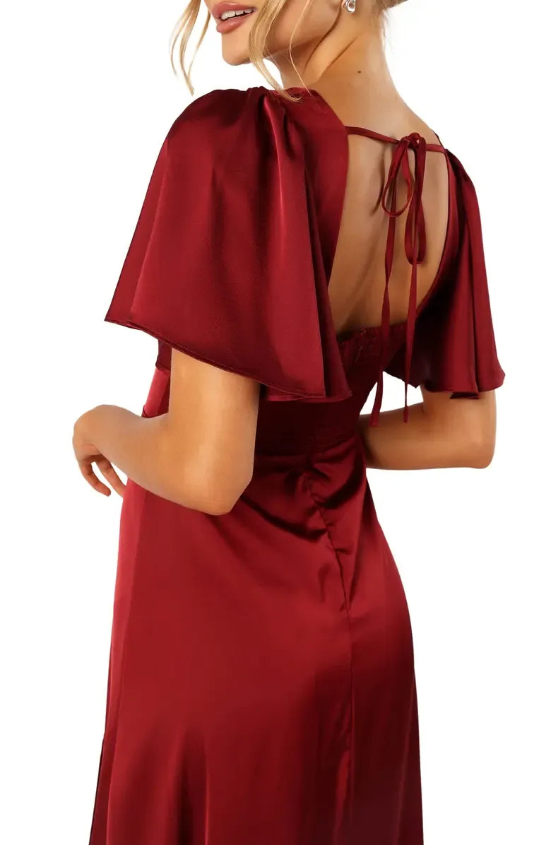 A-Line V Neck Flutter Sleeve Floor-Length Prom Dress