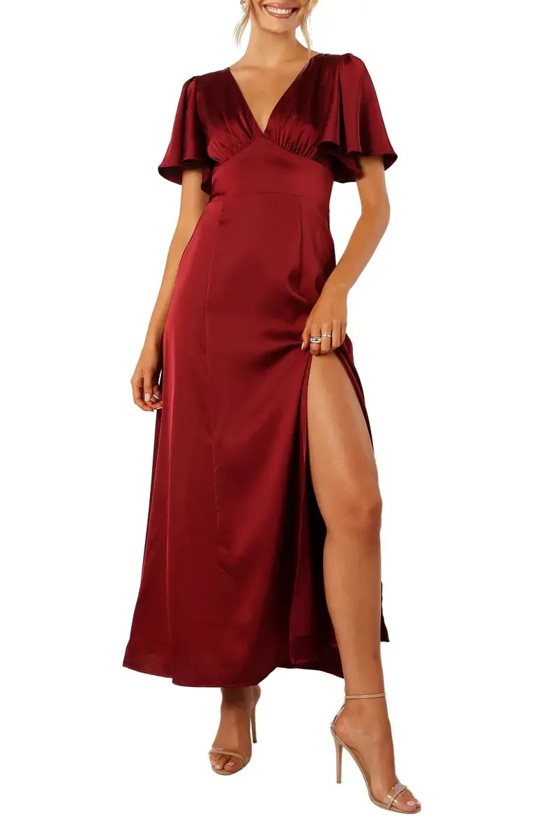 A-Line V Neck Flutter Sleeve Floor-Length Prom Dress