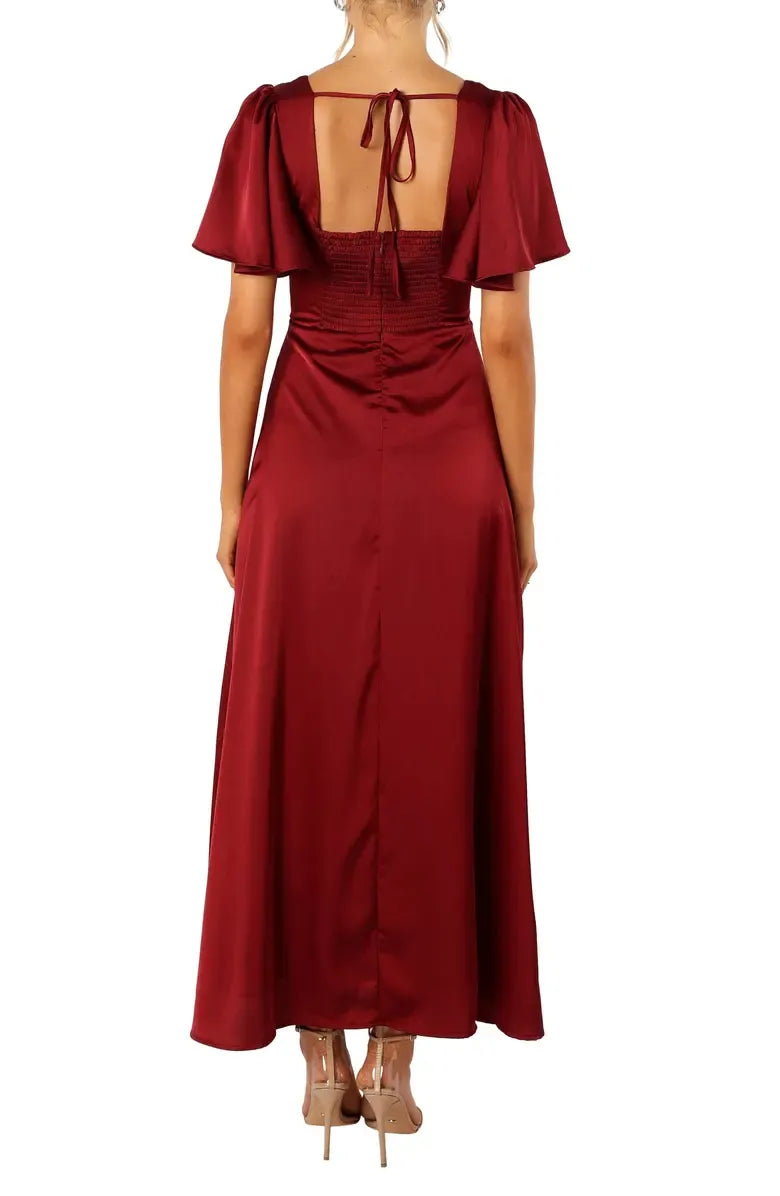 A-Line V Neck Flutter Sleeve Floor-Length Prom Dress