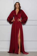 A-Line V Neck Long Sleeve Sweep/Brush Train Prom Dress