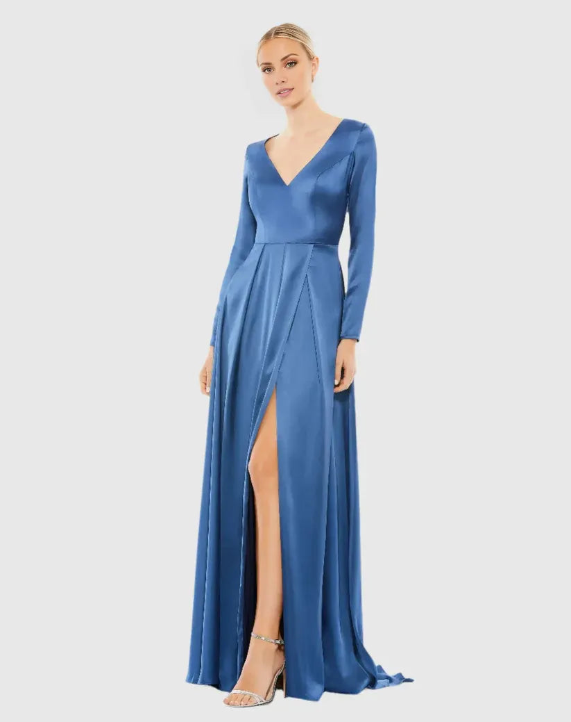 A-Line V Neck Long Sleeve Zipper Up Sweep/Brush Train Prom Dress