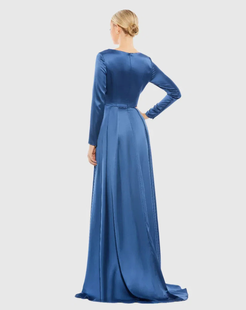 A-Line V Neck Long Sleeve Zipper Up Sweep/Brush Train Prom Dress