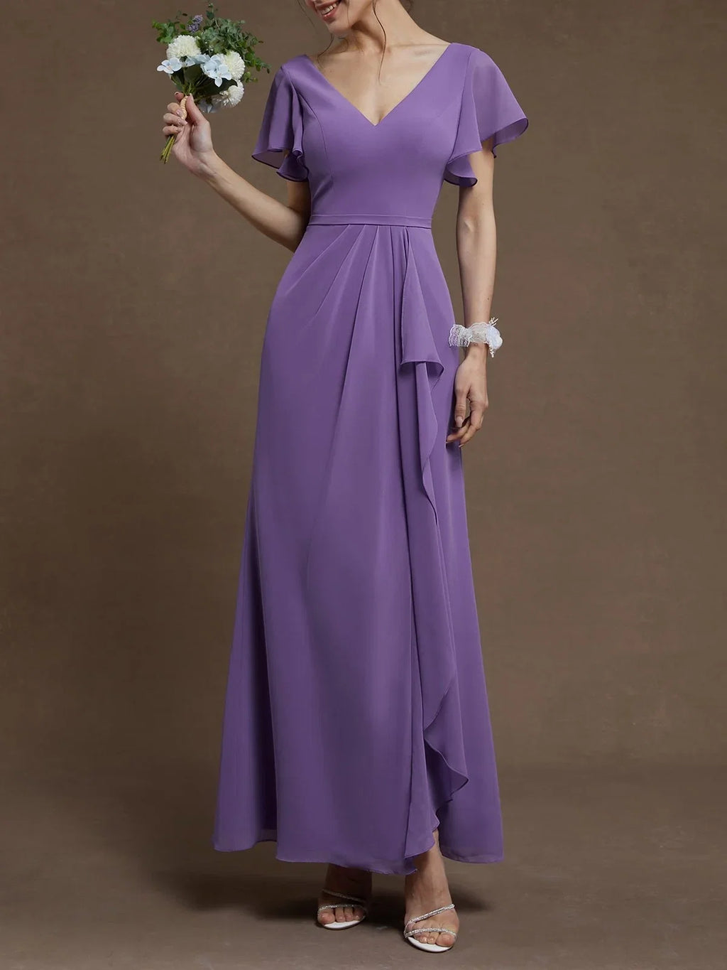 A-Line V Neck Ruffle Sleeve Zipper Up Floor-Length Prom Dress