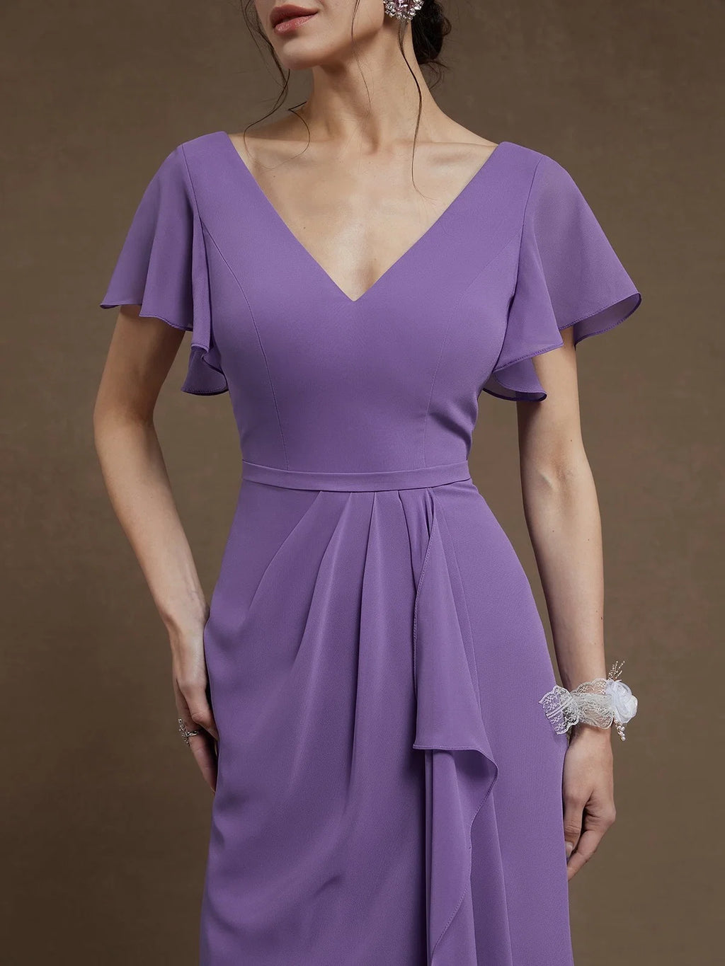 A-Line V Neck Ruffle Sleeve Zipper Up Floor-Length Prom Dress