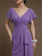 A-Line V Neck Ruffle Sleeve Zipper Up Floor-Length Prom Dress