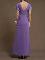 A-Line V Neck Ruffle Sleeve Zipper Up Floor-Length Prom Dress
