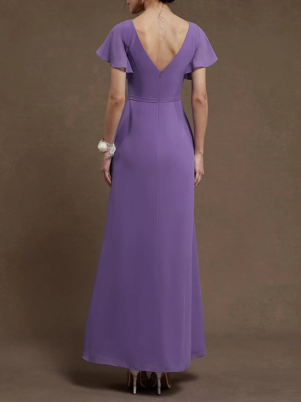A-Line V Neck Ruffle Sleeve Zipper Up Floor-Length Prom Dress