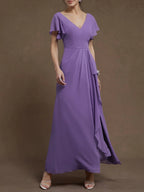 A-Line V Neck Ruffle Sleeve Zipper Up Floor-Length Prom Dress