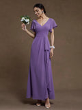 A-Line V Neck Ruffle Sleeve Zipper Up Floor-Length Prom Dress