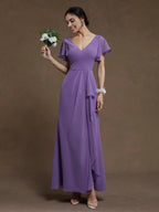 A-Line V Neck Ruffle Sleeve Zipper Up Floor-Length Prom Dress