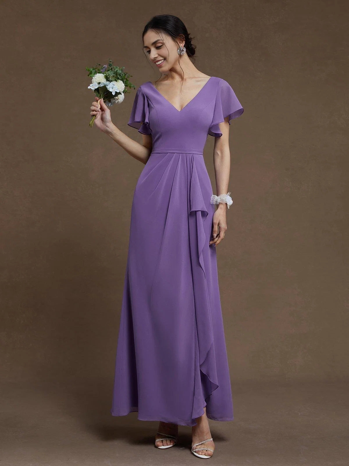 A-Line V Neck Ruffle Sleeve Zipper Up Floor-Length Prom Dress