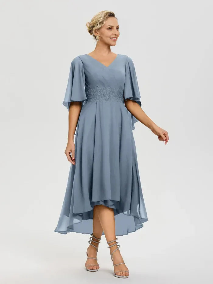 A-Line V Neck Ruffle Sleeves High-Low Mother of the Bride Dress