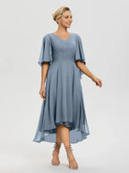 A-Line V Neck Ruffle Sleeves High-Low Mother of the Bride Dress