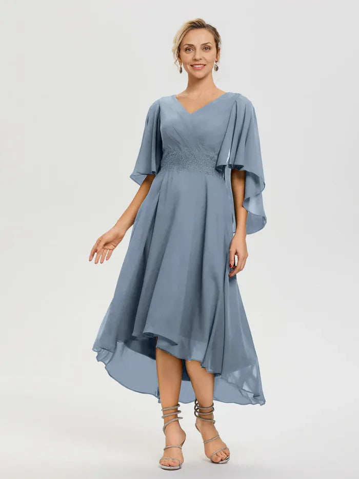 A-Line V Neck Ruffle Sleeves High-Low Mother of the Bride Dress