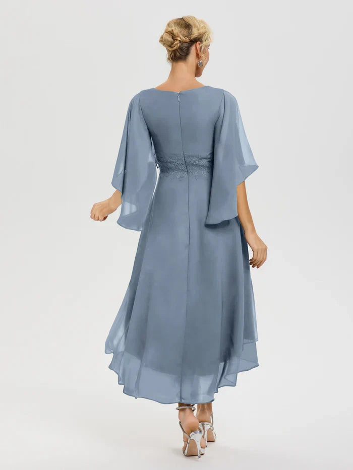 A-Line V Neck Ruffle Sleeves High-Low Mother of the Bride Dress