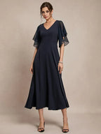 A-Line V Neck Short Sleeve Back Zip Ankle-Length Evening Dress