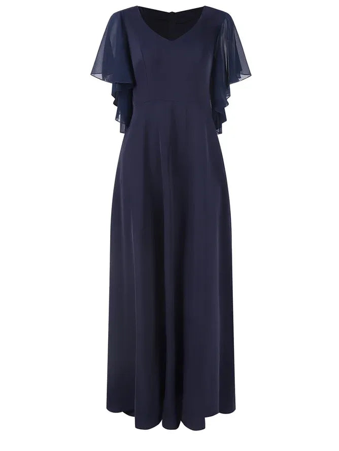 A-Line V Neck Short Sleeve Back Zip Ankle-Length Evening Dress