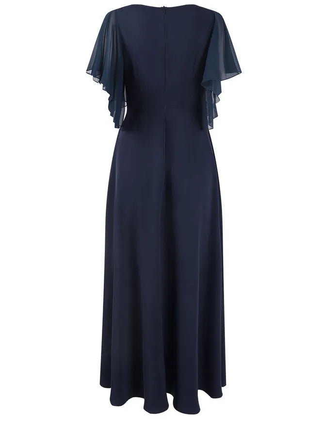 A-Line V Neck Short Sleeve Back Zip Ankle-Length Evening Dress