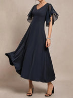 A-Line V Neck Short Sleeve Back Zip Ankle-Length Evening Dress