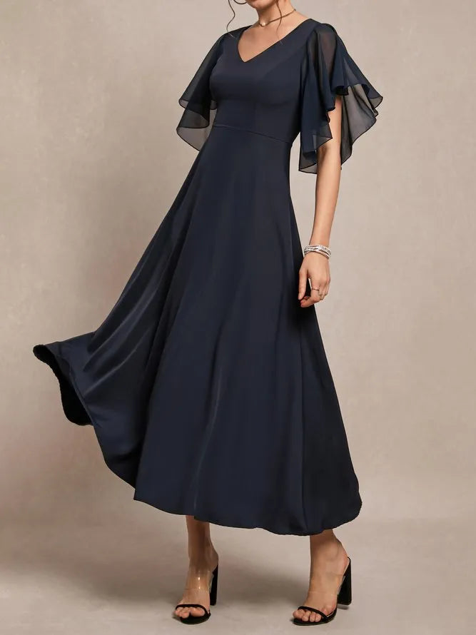 A-Line V Neck Short Sleeve Back Zip Ankle-Length Evening Dress