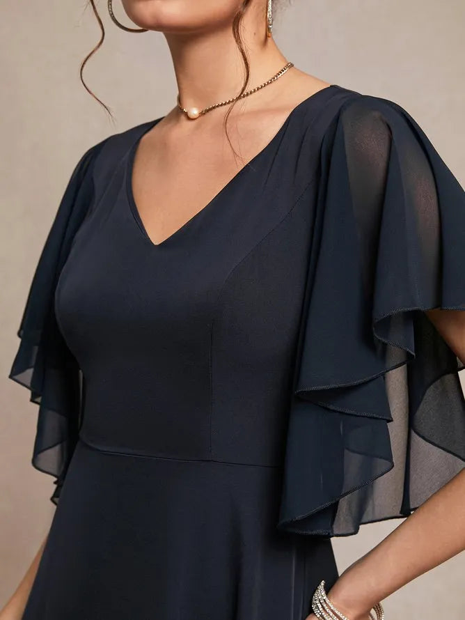 A-Line V Neck Short Sleeve Back Zip Ankle-Length Evening Dress