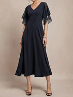 A-Line V Neck Short Sleeve Back Zip Ankle-Length Evening Dress