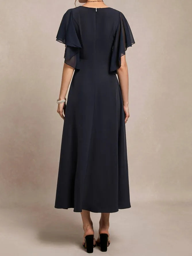 A-Line V Neck Short Sleeve Back Zip Ankle-Length Evening Dress