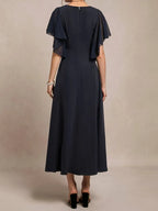 A-Line V Neck Short Sleeve Back Zip Ankle-Length Evening Dress