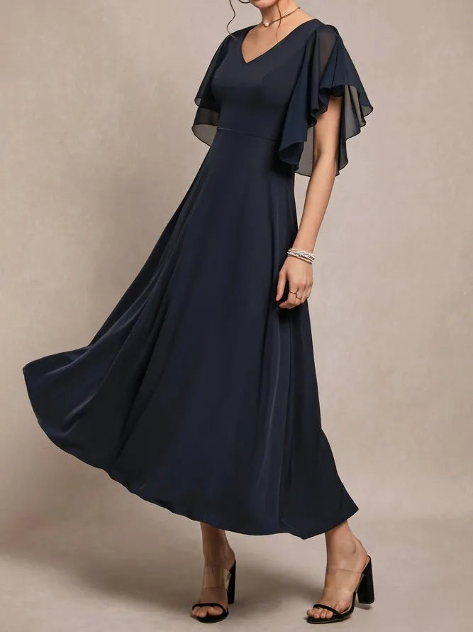 A-Line V Neck Short Sleeve Back Zip Ankle-Length Evening Dress