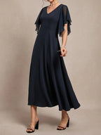 A-Line V Neck Short Sleeve Back Zip Ankle-Length Evening Dress