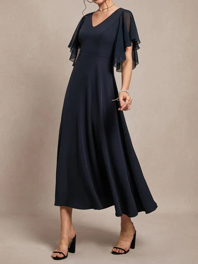 A-Line V Neck Short Sleeve Back Zip Ankle-Length Evening Dress