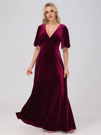 A-Line V Neck Short Sleeves Floor Length Mother of the Bride Dress