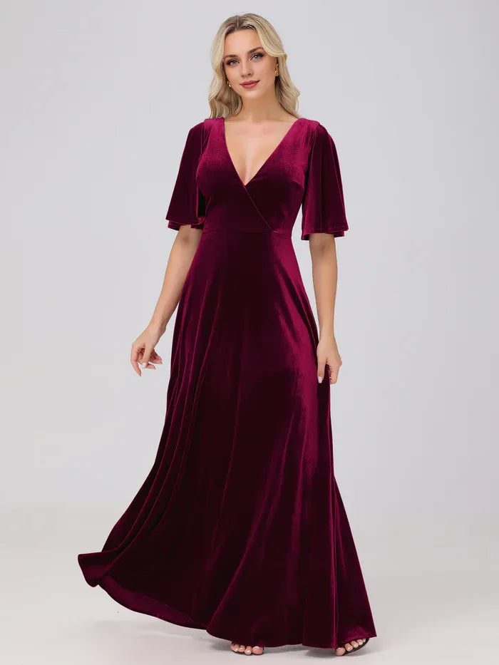 A-Line V Neck Short Sleeves Floor Length Mother of the Bride Dress