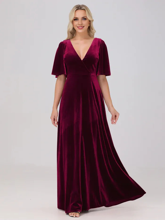 A-Line V Neck Short Sleeves Floor Length Mother of the Bride Dress
