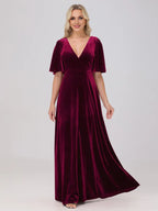 A-Line V Neck Short Sleeves Floor Length Mother of the Bride Dress