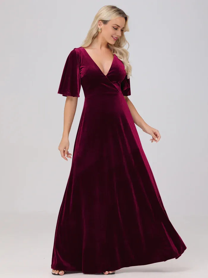 A-Line V Neck Short Sleeves Floor Length Mother of the Bride Dress
