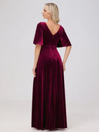 A-Line V Neck Short Sleeves Floor Length Mother of the Bride Dress