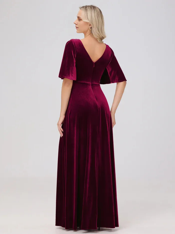 A-Line V Neck Short Sleeves Floor Length Mother of the Bride Dress