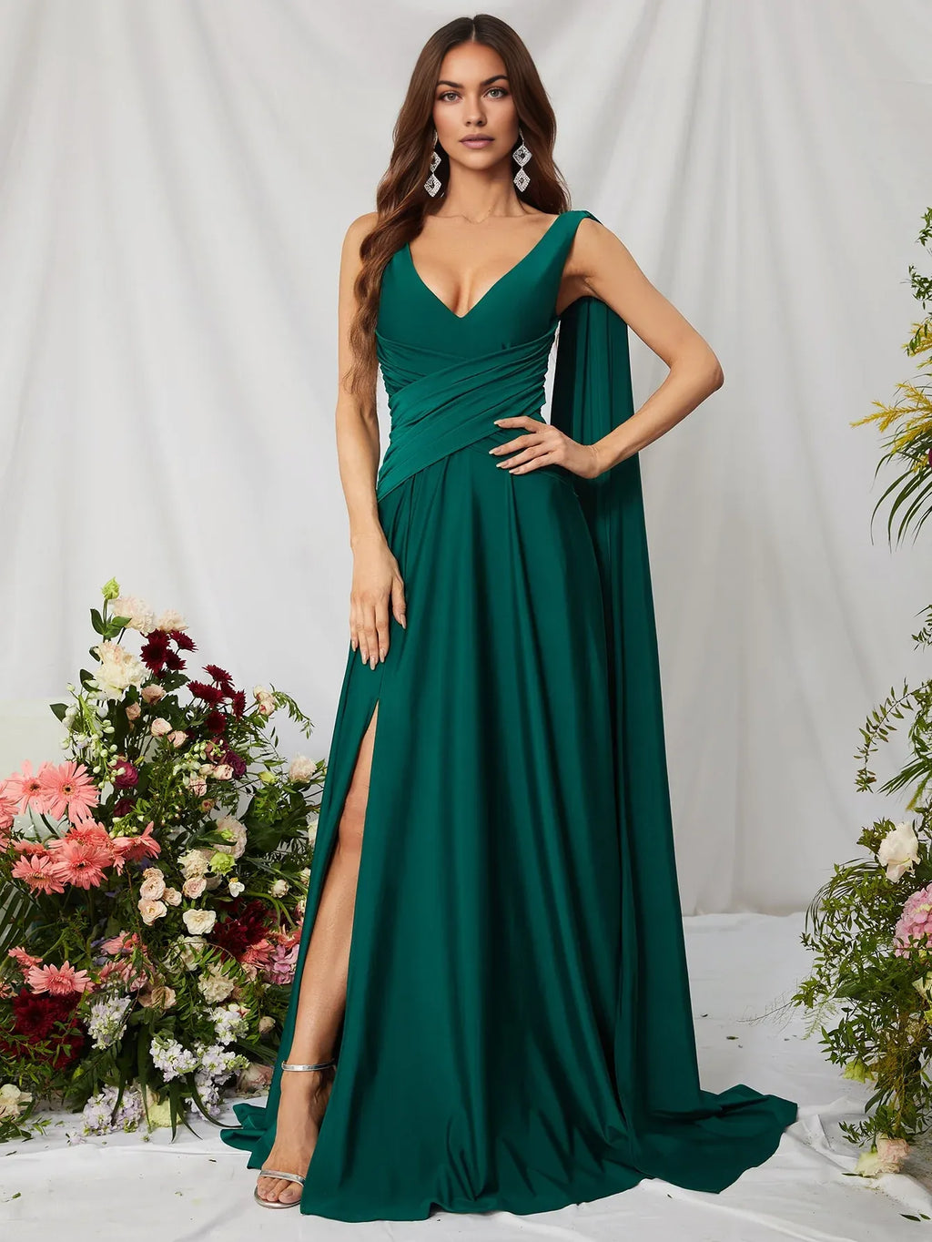 A-Line V Neck Sleeveless Backless Sweep/Brush Train Prom Dress