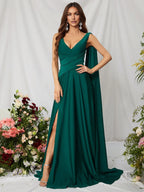 A-Line V Neck Sleeveless Backless Sweep/Brush Train Prom Dress