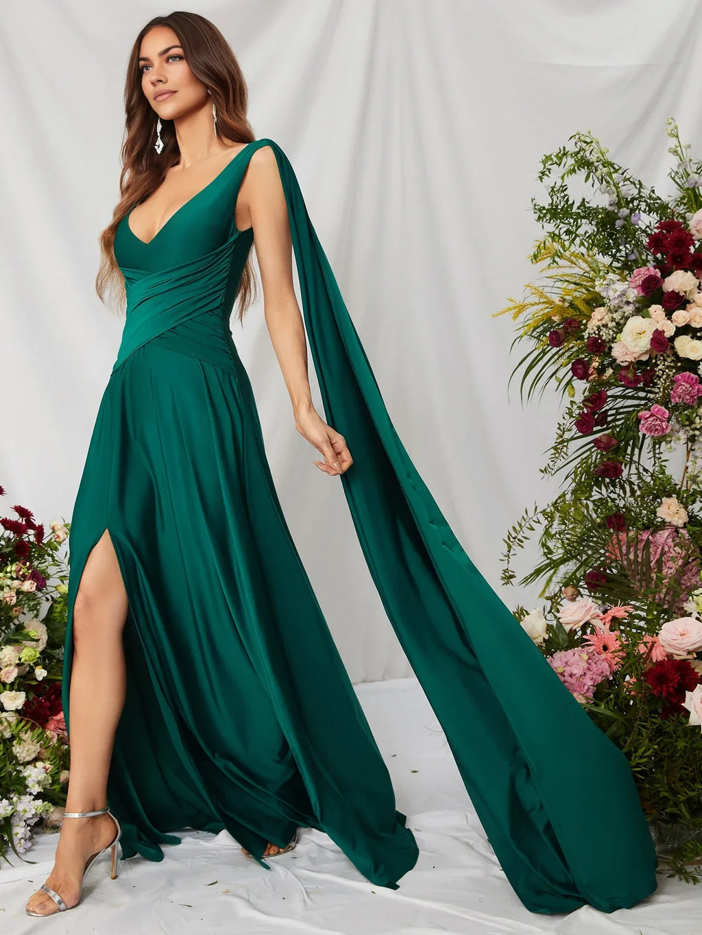 A-Line V Neck Sleeveless Backless Sweep/Brush Train Prom Dress