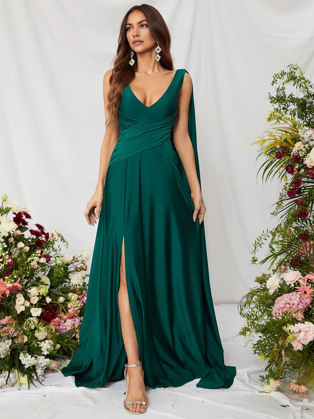 A-Line V Neck Sleeveless Backless Sweep/Brush Train Prom Dress