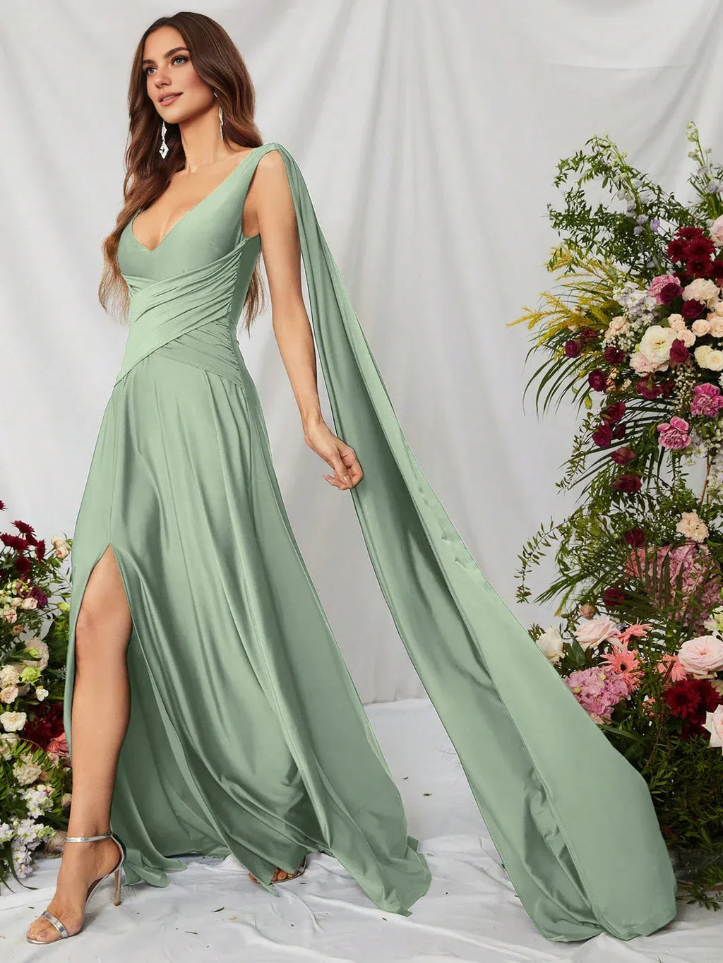 A-Line V Neck Sleeveless Backless Sweep/Brush Train Prom Dress