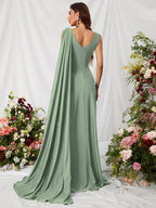 A-Line V Neck Sleeveless Backless Sweep/Brush Train Prom Dress