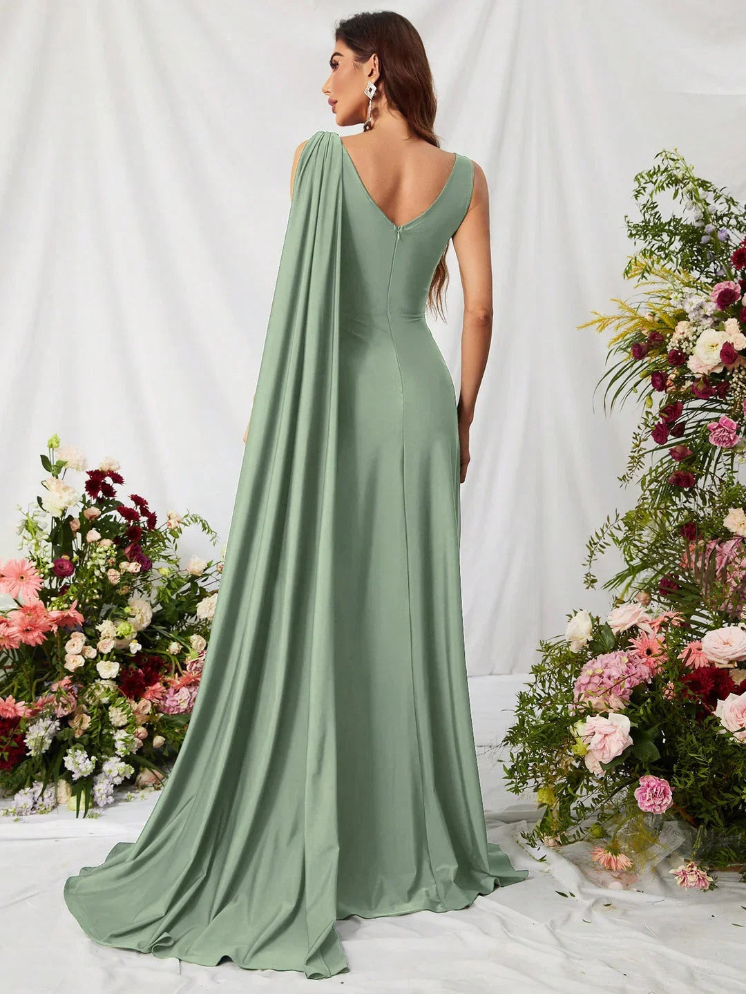 A-Line V Neck Sleeveless Backless Sweep/Brush Train Prom Dress