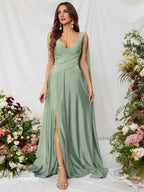 A-Line V Neck Sleeveless Backless Sweep/Brush Train Prom Dress