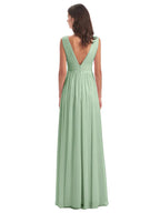 Simple A-Line V Neck Sleeveless Chiffon Pleated Floor-Length Bridesmaid Dress