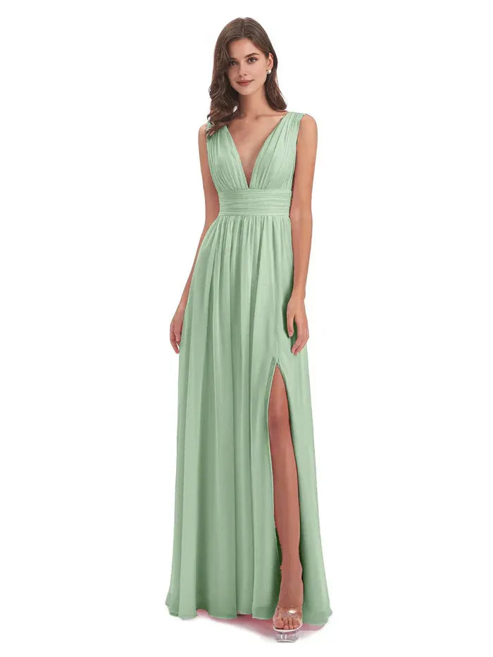 Simple A-Line V Neck Sleeveless Chiffon Pleated Floor-Length Bridesmaid Dress