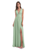 Simple A-Line V Neck Sleeveless Chiffon Pleated Floor-Length Bridesmaid Dress